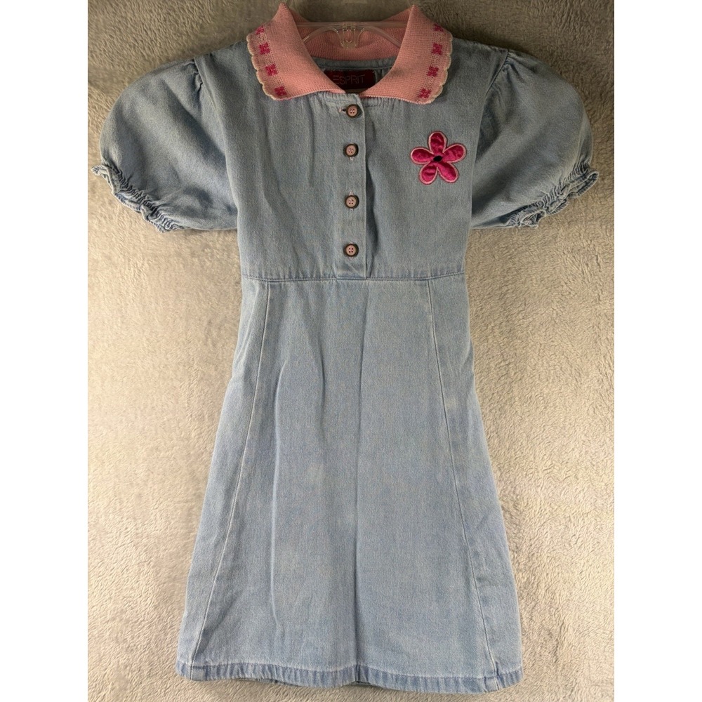 Vintage Esprit Toddler Denim Dress Girls 4T Pink Flower Tie Back Puff Sleeve